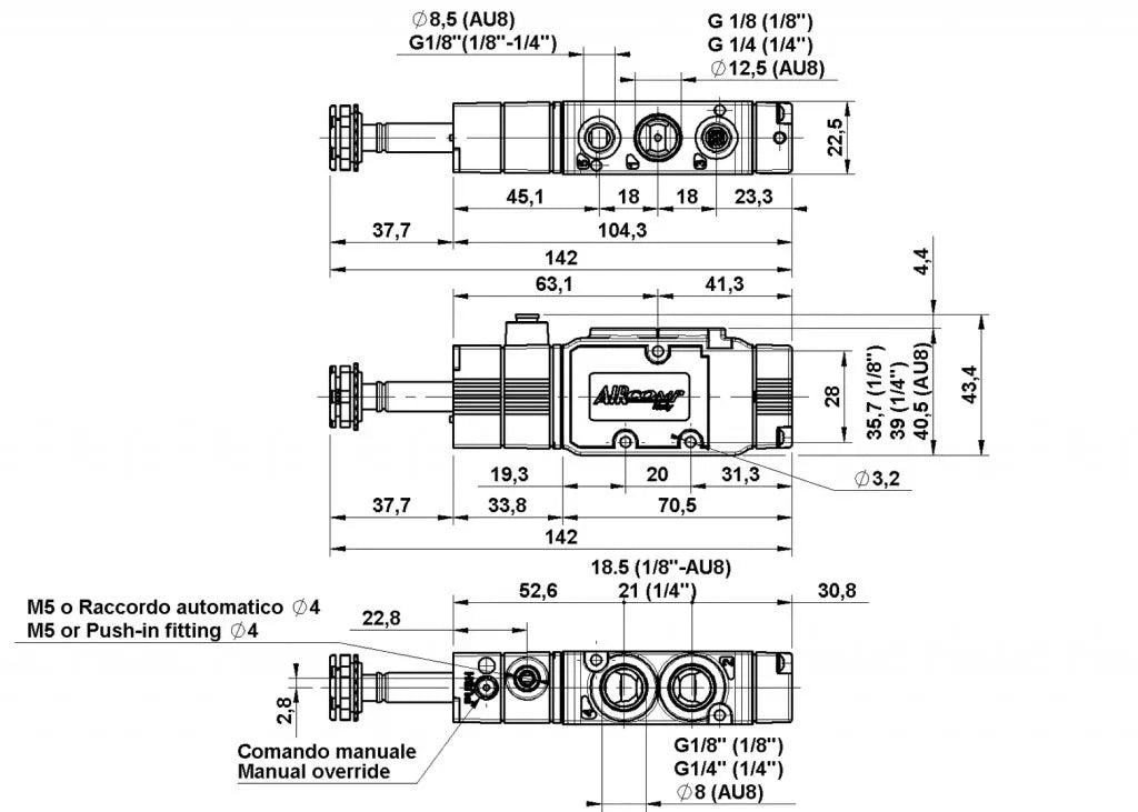 2D чертеж пневматического распределителя 5/2 AIRCOMP с 1 катушкой и внешним управлением