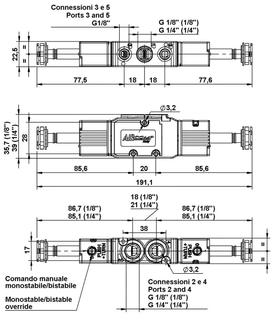2D креслення Пневматичного розподільника 5/3 AIRCOMP приєднання 1/4 з 2 електромагнітами