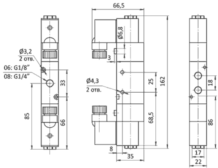  Чертеж пневмораспределителя SV-C-EE-32-06-DC12V с электроуправлением