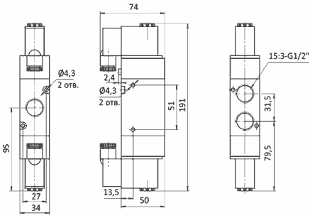 Чертеж пневмораспределителя SV-E-EE-32-15-DC12V с электроуправлением