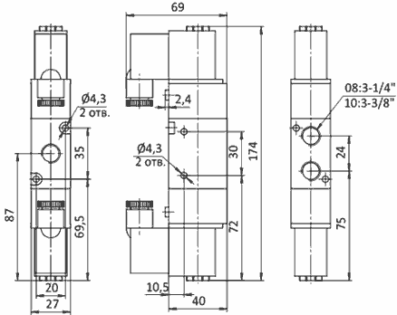  Чертеж пневмораспределителя SV-D-EE-32-10-DC12V с электроуправлением