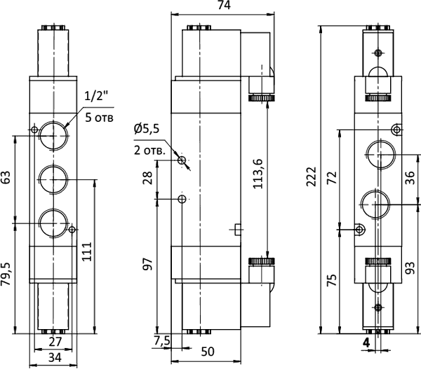 Чертёж SV-E-EE-52 – 5 лин./2 поз. распределителя G1/2″ с двухсторонним электропневматическим управлением