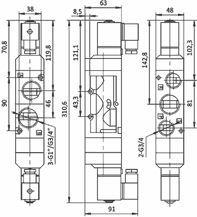  Чертеж пневмораспределителя SV-EL-EE-53C-25-DC12V с электроуправлением