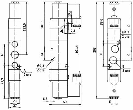  Чертеж пневмораспределителя SV-D-EE-53C-10-DC12V с электроуправлением