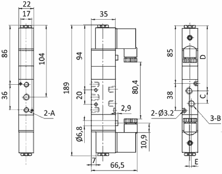  Чертеж пневмораспределителя SV-C-EE-53C-08-DC12V с электроуправлением