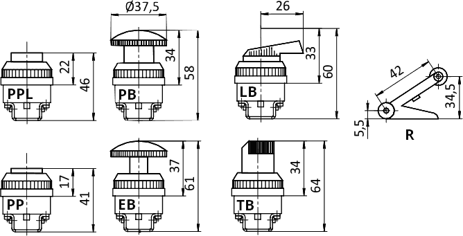 Розміри елементів управління SV-H 5/2