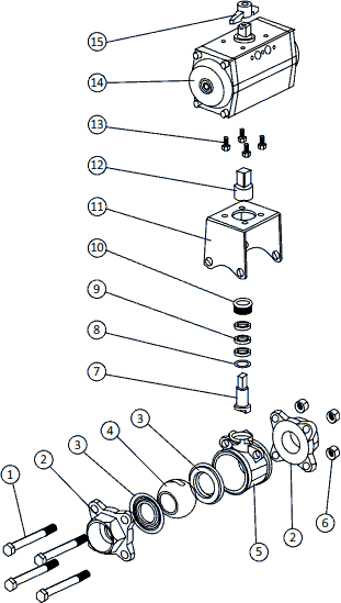 Components of the ball valve with pneumatic actuator
