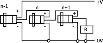 Series wiring of inductive sensors PNP
